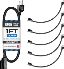 5 Pack of 1 Foot Black Extension Cords - 16/3 SJT Durable Electrical