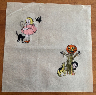 Vintage Crepe 1940's Paper Napkin Little Girls Playing on Halloween Cat and Owl