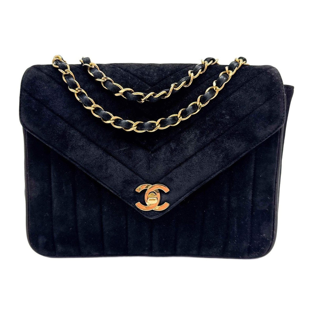 CHANEL Envelope Flap 1991-1994 Chevron Black Suede Shoulder Bag | eBay