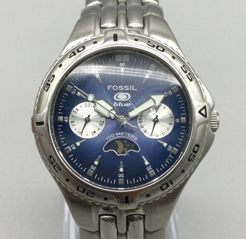 Fossil Blue Moonphase Watch Mens 36mm BQ9139 Extra Links Box