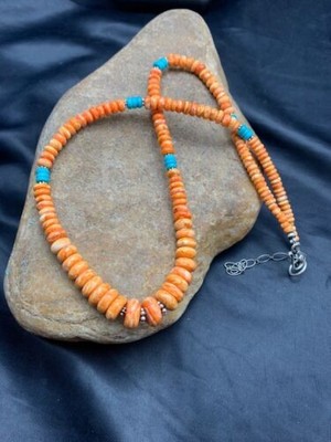 Navajo Spiny Oyster & Turquoise Graduated Necklace Sterling Silver 20'' 4608