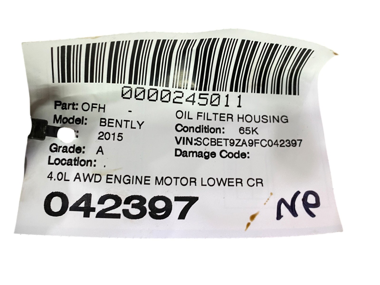 2013-2019 BENTLEY FLYING SPUR 4W 223B 4.0L AWD ENGINE LOWER CRANK SHAFT HOUSING