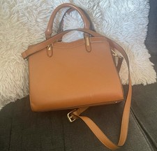 Tan Satchel Top Handle Bag Gold Hardware Double Handles Strap Zip Zipper