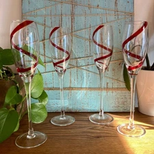 Pier One Imports Red Swirline Champagne Flute Wine Glasses (Set Of 4)