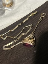 Vintage D & R Gold Fill Pocket Watch 13” Chain GF Fob Arches Flower Purple Stone