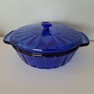 Vtg Anchor Hocking Unique Ribbed Blue Round 2QT Covered Casserole Baking Dish