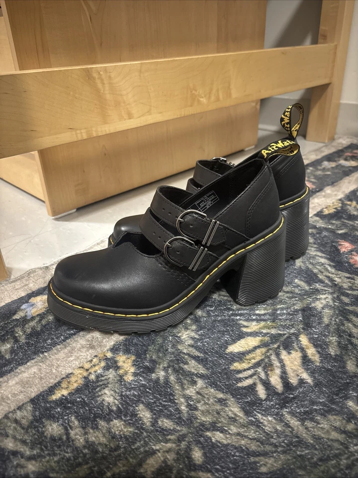 Zapatos Dr Martens Eviee Negro Mary Jane Grueso Plataforma Tacón Cuero Talla 9 Foto 2 de 4