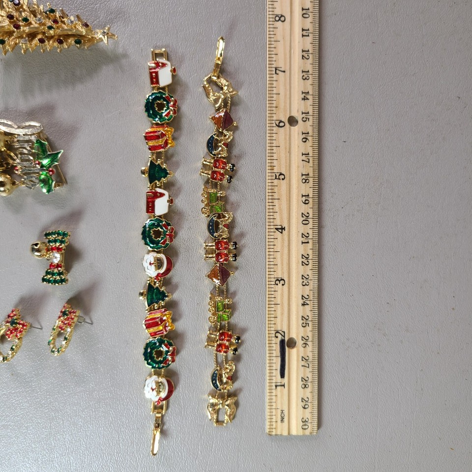 Christmas Jewelry Lot Bracelets Brooch, Earrings Gold Tone eBay