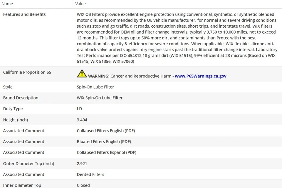 Filtro de aceite de motor OEM WIX para Chevrolet Cavalier 1995-2002 L4-2,4 L Foto 3 de 4