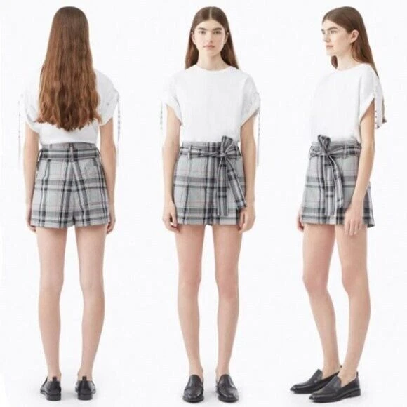 NUEVO CON ETIQUETAS 3.1 Phillip Lim Cuadros Cintura Alta Corto Cinturón Mezcla Lana Gris Azul Marino Rosa 00 Foto 2 de 4