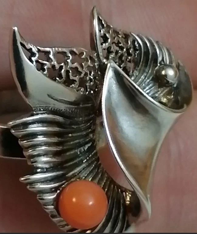Vintage Estrella de Plata 925 Coral Natural Elegante Pluma 1975 Sverdlovsk Joyería Ideal Foto 3 de 4