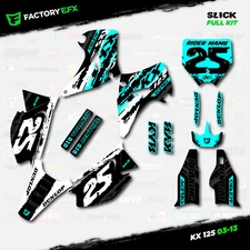 White & Cyan Slick Racing Graphics Kit fits 03-08  Kawasaki Kx125 Kx 125 Decal
