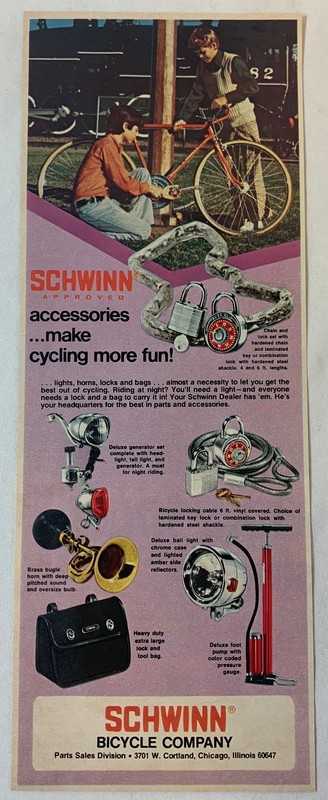 1974 SCHWINN accessories ad ~ MAKE CYCLING MORE FUN