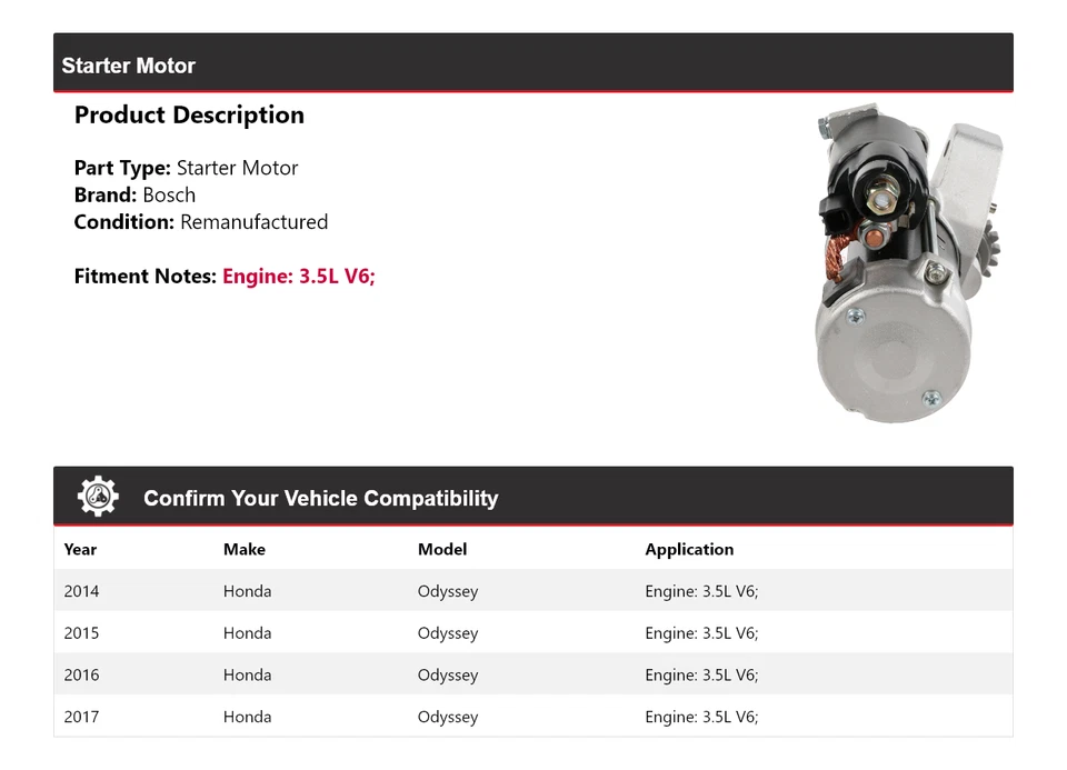 Стартер (восстановленный) для Honda Odyssey 3,5 л V6 Bosch 2014-2017 годов выпуска 2015 2016 годов выпуска - Изображение 2 из 4
