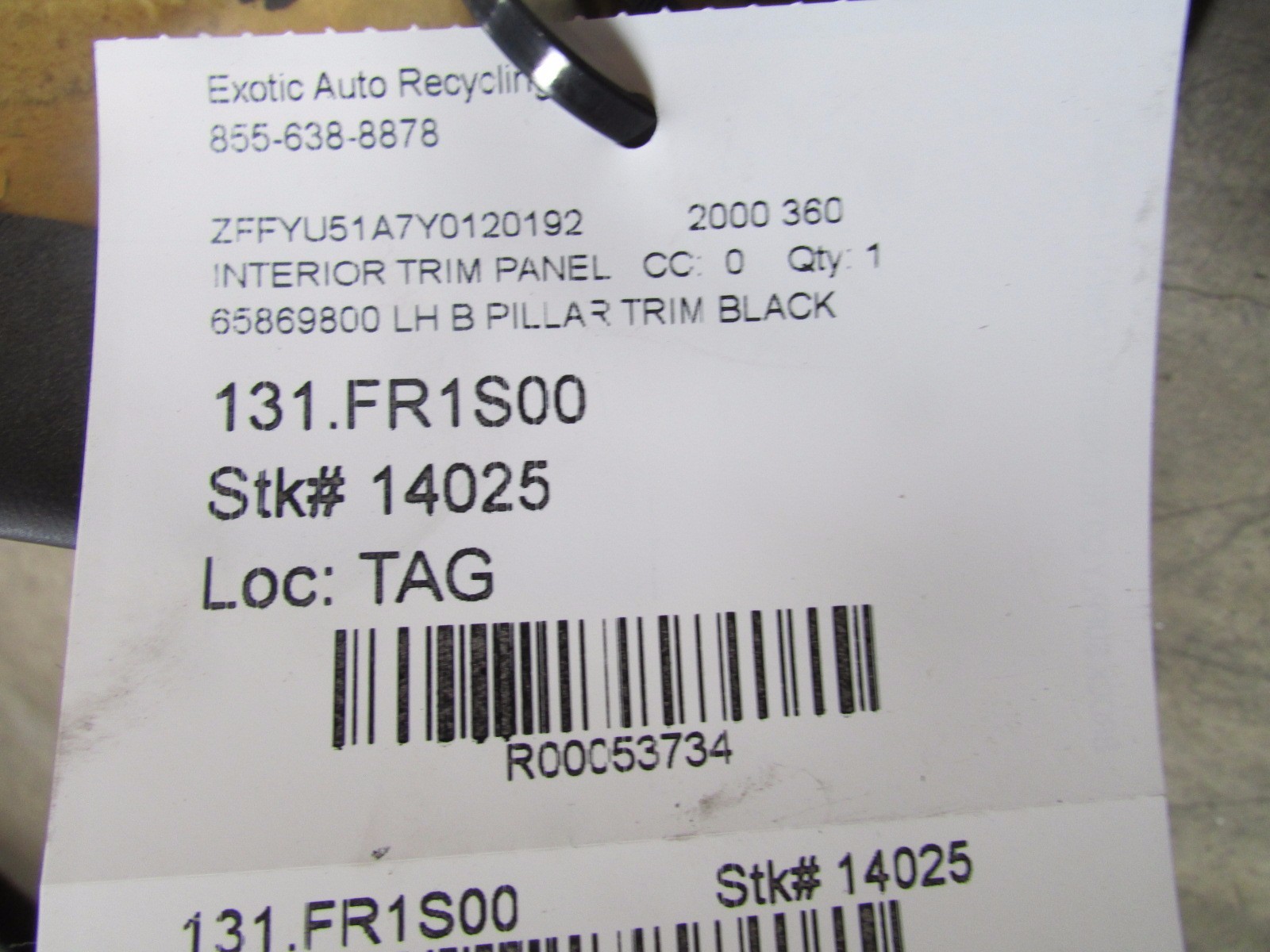 Ferrari 360, LH, Left B-Pillar Trim Panel, Black, Coupe, Used, 65869800