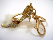 Gold High Heel Shoe Keychain Rhinestone Crystal Jeweled Charm White Fur Puff