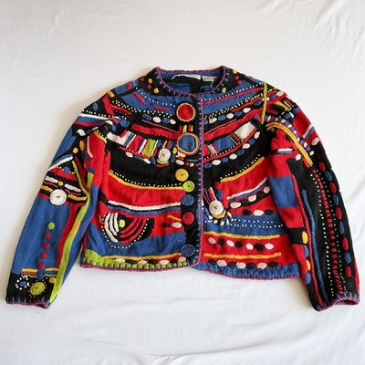 Michael Simon Vintage Colorful Embroidered Art-to-Wear Cardigan Boho Size OS/Med