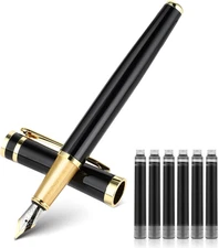 Luxury Metal Fountain Pen Set, 0.5Mm Fine Nib Fountain Pen with 6 Pcs 2.6Mm Blac