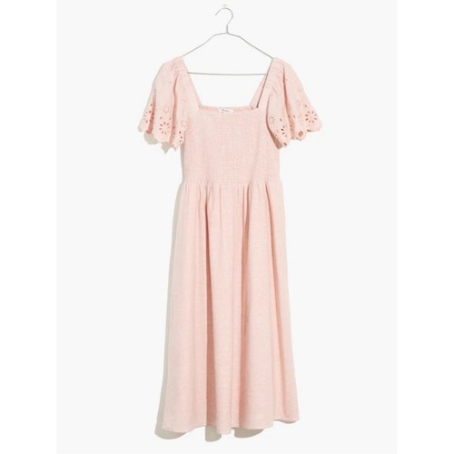 Madewell Linen-Blend Eyelet-Sleeve Lucie Smocked Midi Dress