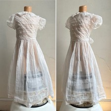 Vintage 1950s Teen Child White Organdy Frilly Dress