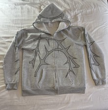 Oversized Grey Hoodie Bedazzled Rhinestone Cyber Sigil Gem Goth Named Style
