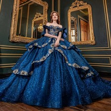 Blue Quinceanera Dresses Ball Gown Tiered Glitter Off Shoulder Birthday Sweet 16
