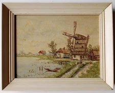 Windmill Painting Landscape Around 1960 Hand Made Signed Canvas Dutch Old Art