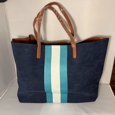 Neiman Marcus Navy Velvet, White & Blue Stripe, Open Top Shoulder Tote Bag