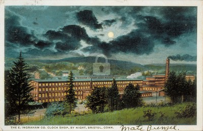 E. Ingraham Co. Clock Shop by Night, Bristol CT Vintage Reproduction Postcard