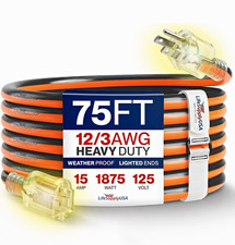 LifeSupplyUSA 75ft 12/3 AWG Heavy Duty Weatherproof Lighted Extension Cord