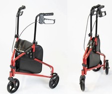 Image of NRS Healthcare 3 Wheel Steel Rollator Walker Walking Aid with Bag & Brakes- RED