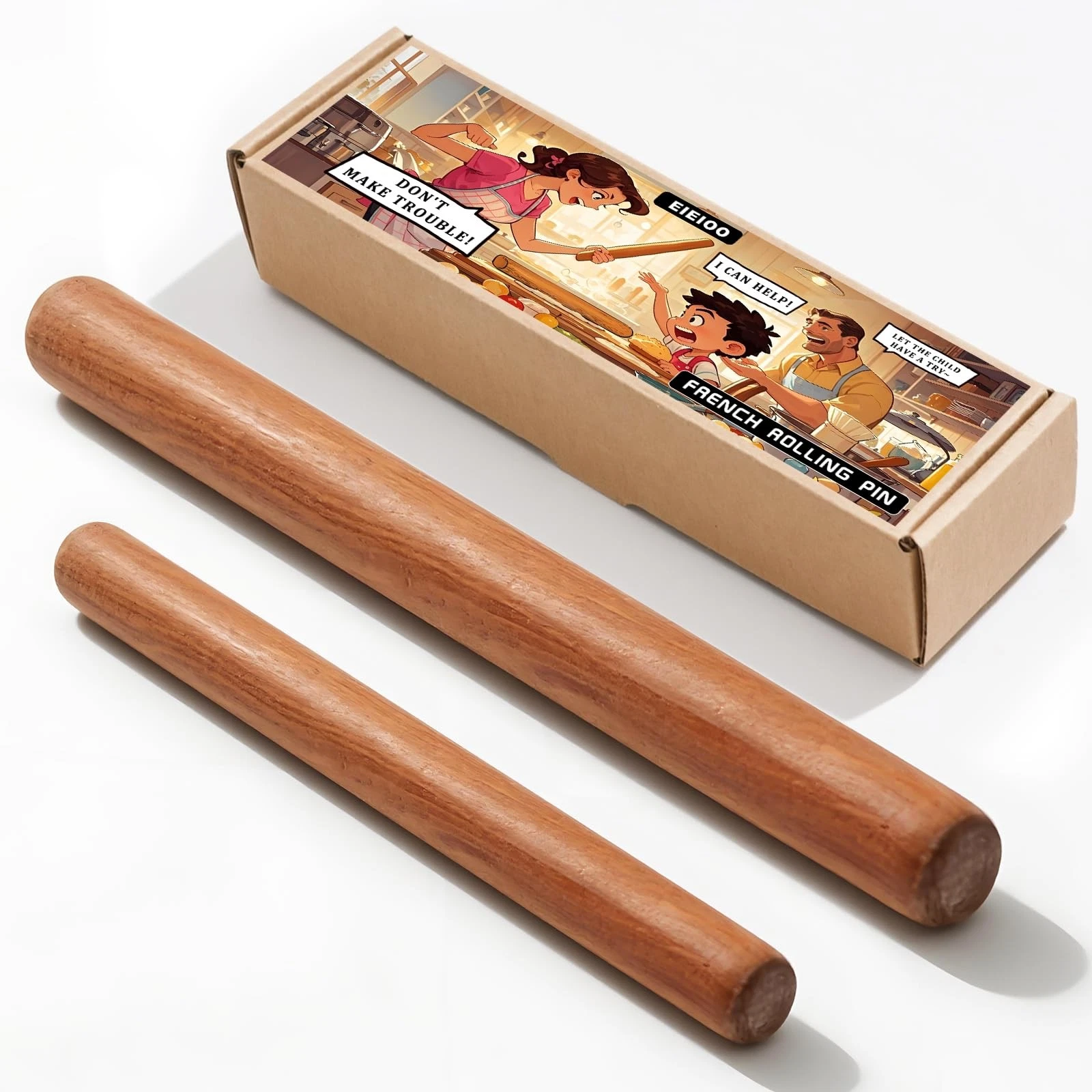 eieioo French Rolling Pin, Wood Pins for Baking Set of 2, Brown
