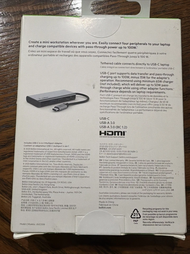 Adaptador multipuerto Belkin Connect USB-C 4 en 1 (gris) nuevo en caja Foto 2 de 2