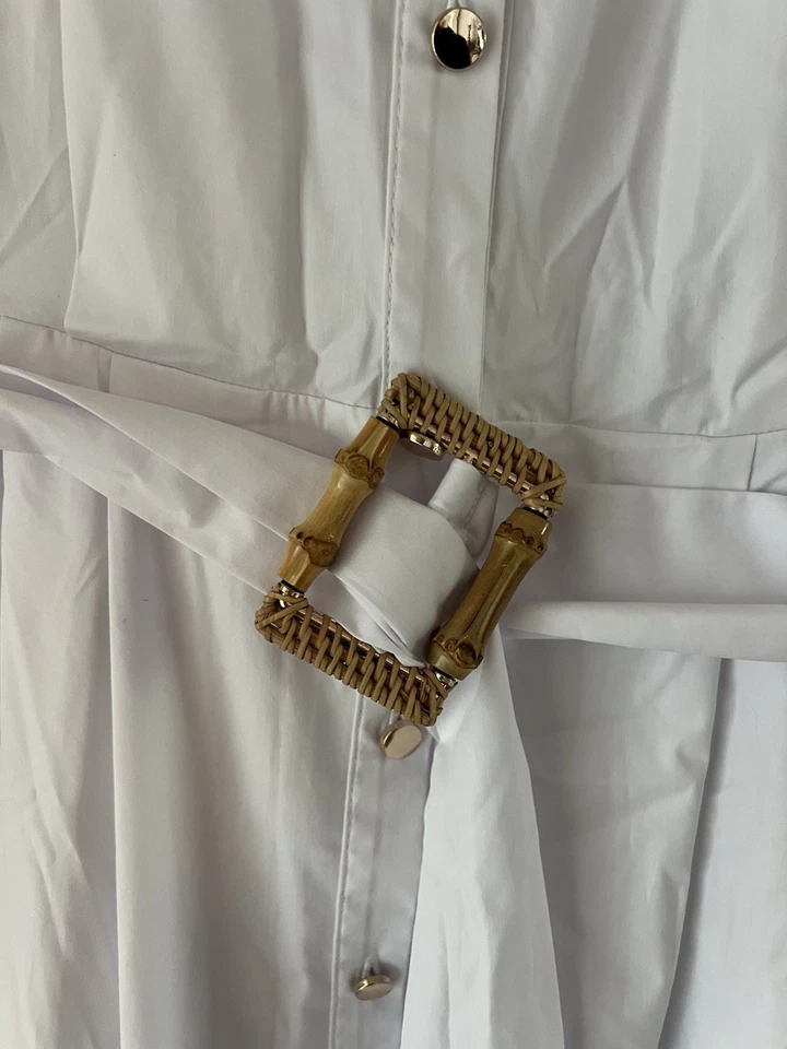 Zara Damen Hemdblusenkleid weiß Midi ärmellos Baumwoll-Popeline mit Gürtel Gr. L - Bild 2 von 4