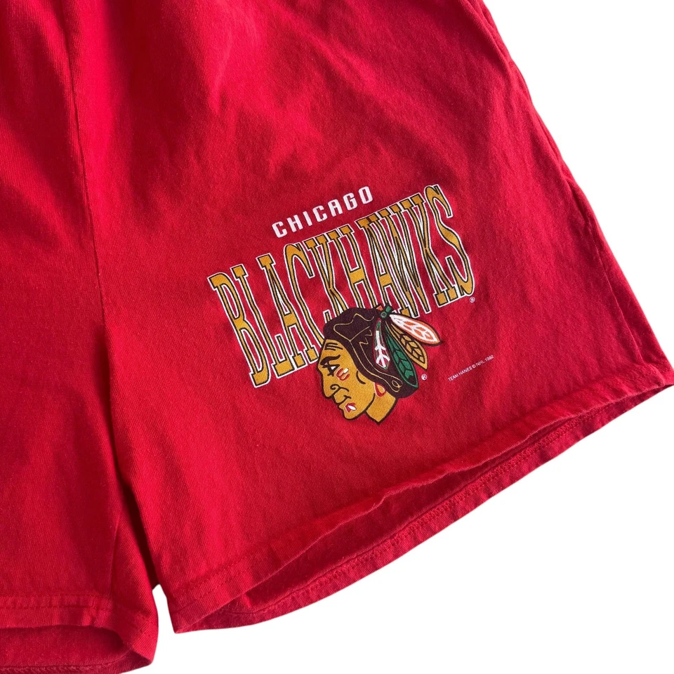 Pantalones Cortos De Colección Años 90 Chicago Blackhawks Para Hombre Grandes Rojos NHL Hockey Sudor Polar Foto 2 de 4