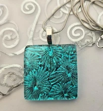 Handcrafted Aqua Florentine Fused Dichroic Glass Necklace/Pendant
