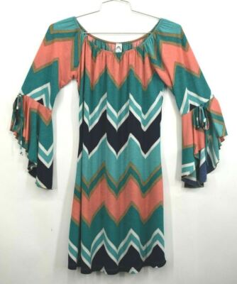 2 Be Together Womens Scoop Neck Zig Zag Print Multi Colored Dress 3/4 Sleeves M