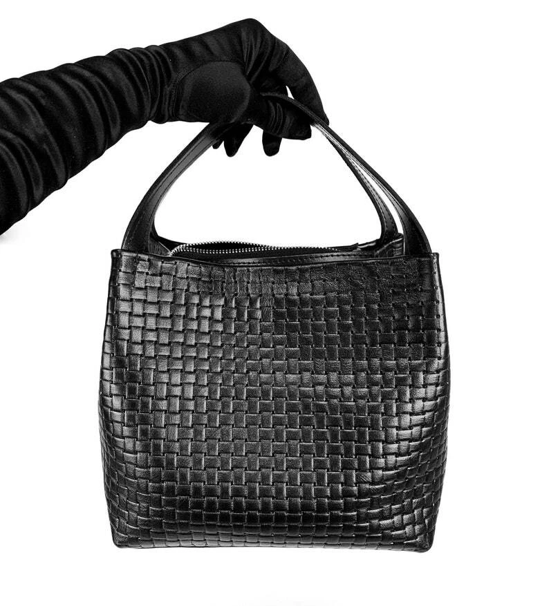 COACH Borsa a mano donna in VERA PELLE intrecciata nera tracolla mini tote goffrata