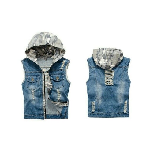 Men Hooded Denim Biker Vest Ripped Jean Jacket Camouflage Tops Non ...