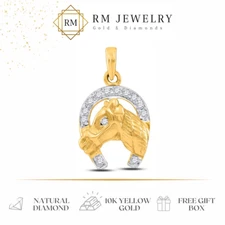 Diamond Lucky Horseshoe Horse Head Mens Charm Pendant 10k Yellow Gold