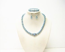15.5  Light Blue Glass Pearl Necklace/Bracelet/Earrings Set for Little Girl
