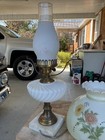 VINTAGE Marble Base White Milk Glass Swirl GWTW HURRICANE LAMP Floral Globe — photo 5