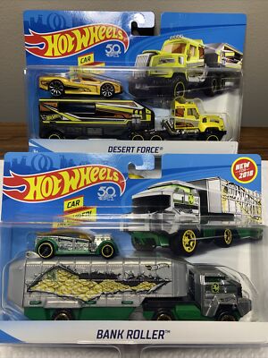 LOT 2 Hot Wheels Super Rig Bank Roller w/ Car - 50th Anniversary + Desert Force