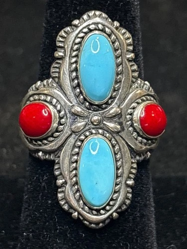 VINTAGE CAROLYN POLLACK STERLING SILVER RING WITH TURQUOISE & CORAL SZ 8