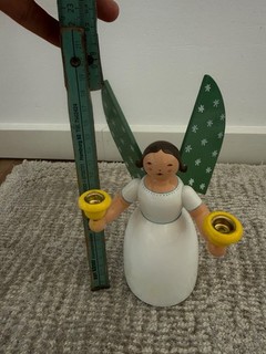 W.u.K. Holz Engel Figur mit grünen Flügeln 2 Kerzenhalter Made in Germany