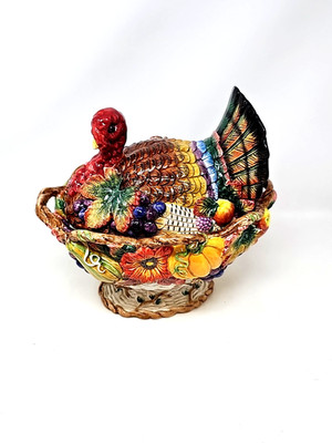 Fitz & Floyd Autumn Bounty Turkey Thanksgiving Lidded Serving Bowl Vintage