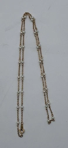 Vintage Signed Crown Trifari Gold Tone Faux Pearl Jewelry Necklace Dainty 22"