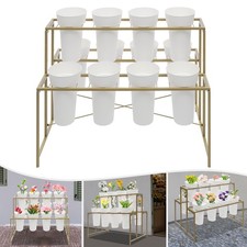 Flower Display Stand W/ 12 buckets Gold Shelf  White Round Bucket 2 Tier