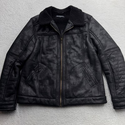 Mavi Jeans Co Mens Faux Leather Sherpa Lined Aviator Bomber Jacket Black Large