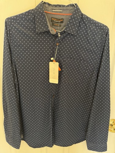 Denim & Flower Mens Blue Anchor Print Button Down Slim Fit Shirt Size Medium NWT - Picture 1 of 8